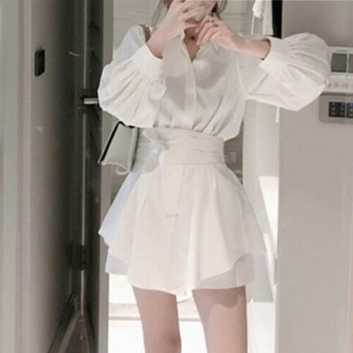 Comelsexy Lantern Sleeve Blouse + High Waist Wide Leg Shorts Suits 2019 New Summer Women White Long Shirts Two Piece Sets