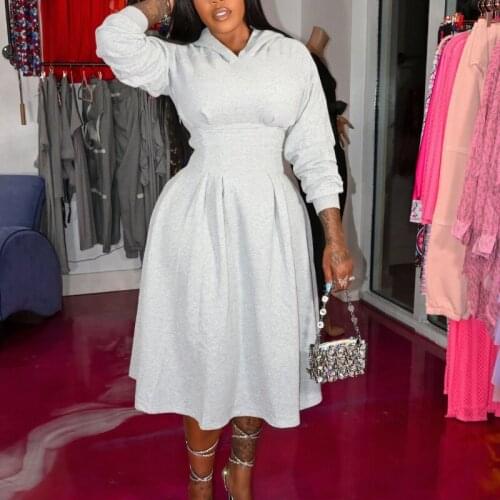 2021 Women Autumn Dress Long Sleeve V-Neck Pleated Solid Color Fit And Flare Midi Dresses Casual Office Lady New Arrival Clothes