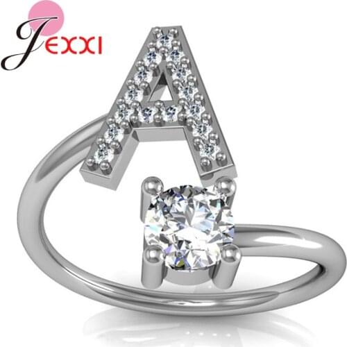 Fashion 26 Letters 925 Stering Silver Rings For Women Cubic Zirconia Adjustable Finger Ring Engagement Jewelry Party Gift