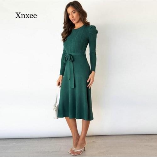 2021 Autumn and Winter New Womens Knitted Sweater Dress Round Neck Long Sleeves A-Line Pure Color Elegant Mid-Length Skirt