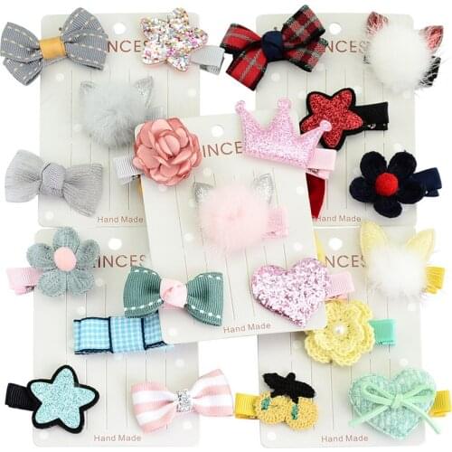5Pcs/Set Cute 5 Color Children Baby Girl Toddler Rabbit ears Shape Hair Clip Bow Flower Mini Barrettes Party Star Kids Hairpins