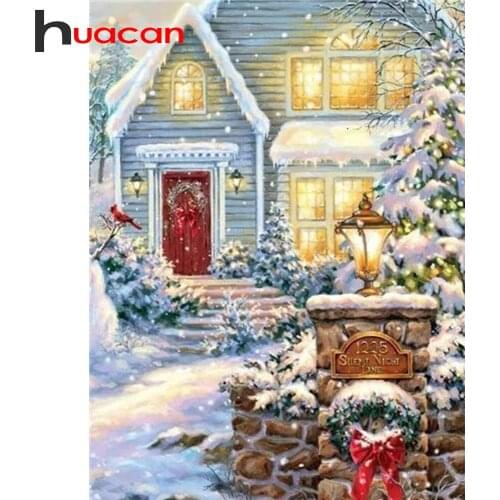 Huacan 5D Diamond Painting Full Drill House Diamond Embroidery Mosaic Winter Landscape Modular Pictures Christmas Decoration