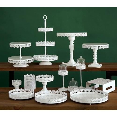 White dessert tray Wrought iron cake stand wedding props European dessert table ornaments lace cake plate
