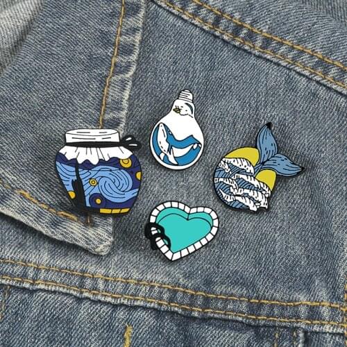Cartoon Blue Series Brooches Painting Starry Night Enamel Pins Sea Whale Jar Swimming Pool Badge Art Jewelry Gift for Artist Pin