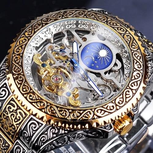 Forsining Tourbillon Watch for Men Mechanical Skeleton Mens Watches Top Brand Luxury Engraved Vintage Moon Phase Steel Strap