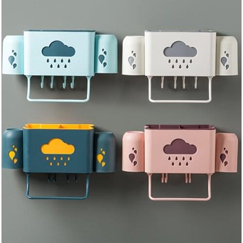 Toothbrush Holder with Cups Cloud Pattern Punch-free Toothpaste Storage Rack Multipurpose Wall Mount Bathroom Accessories Tools