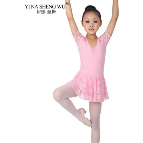 Kids Girls Short Sleeve Lace Tutu Ballet Dance Leotard Dress Girls Performance Dancewear Clothes Gymnastics Lace Skirt 3 Colors