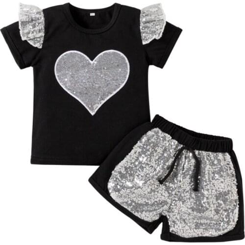 Kids Girls Summer Clothes T-shirts Shorts 2PCS Fashion Stylish Sequins Short Sleeve Top+Elastic Short Pants Black Outfits Summer