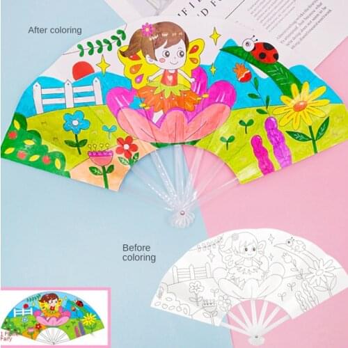Painting Summer Fan DIY Toys For Children Cartoon Animal Color Graffiti Origami Fan Art Craft Toy Creative Drawing Kids