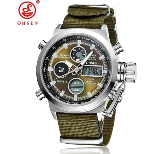 OHSEN Digital Quartz Men Watch Fashion Sport Military Wristwatches Army Green Dial Waterproof Multi Function Electronic Clocks