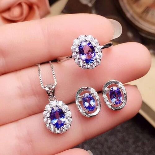 Real Natural Tanzanite jewelry set Natural Real Tanzanite 925 sterling silver 1pc pendant,1pc ring,2pcs Earring