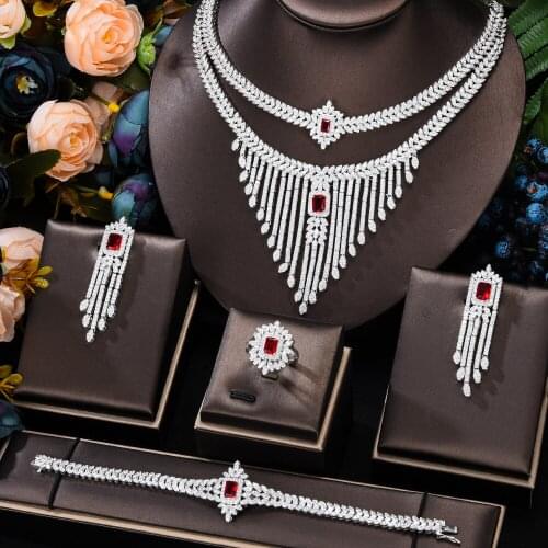 Brand New 4 PCS Shiny Full Cubic Zirconia Luxury Princess Bangle Earrings Necklace Ring Jewelry Set Brides Wedding Jewellery