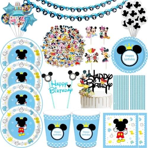 New Blue Mickey Mouse 1st Birthday Party Decoration Plate Cup Napkin Balloon Disposable Tableware Baby Shower Supplies Kids Gift