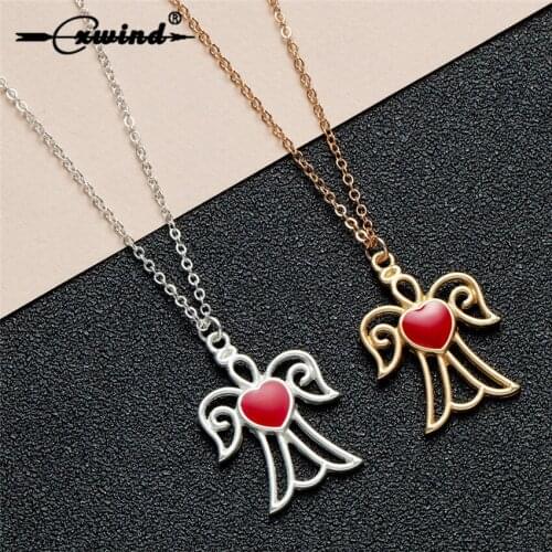 Cxwind New Red Heart Necklaces Guardian Angel with Heart Choker Necklaces For Women Trendy Pendants Necklace Religious Jewelry