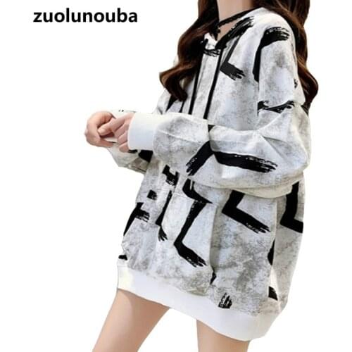 Autumn And Winter 2020 Korean Version Loose And Lazy Fashion Printed Women Sweatshirt Casual Harajuku Mid-length Ladies Hoodie