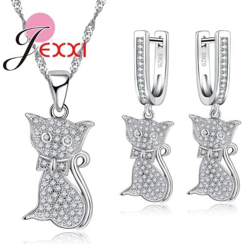 Fashion Miss Cute Cat Crystal Jewelry Set For Women Cocktail Party 925 Sterling Silver Necklace Pendent Earrings 1set