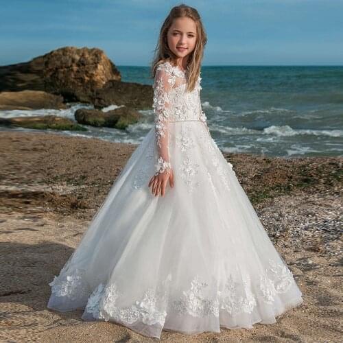 Long Sleeve White Lace Evening Dress For Girls Elegant Bridesmaid Formal Dresses Kids Girl First Communion Wedding Party Dress