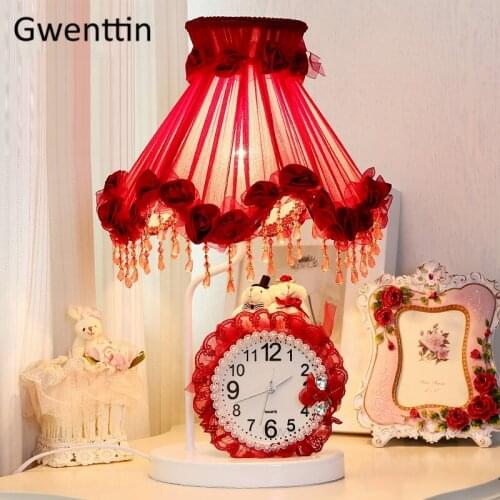 Modern Red Clock Table Lamps for Living Room Bedroom Desk Lamp Standing Lights Led Stand Light Fixtures Princess Wedding Decor