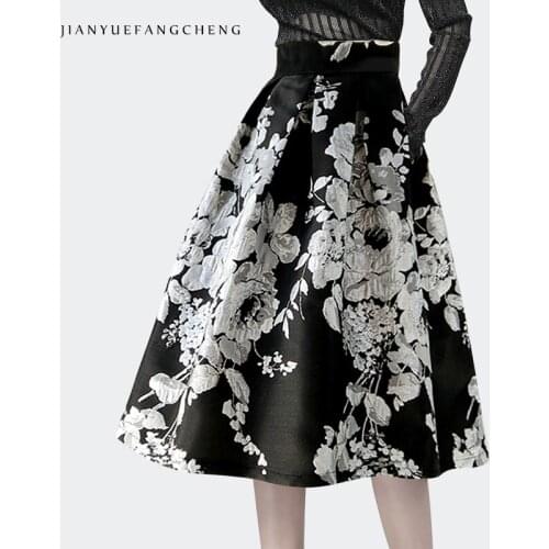 Vintage Jacquard Pleated Skirt Women' High Waist A-Line Big Swing Mid-Length Skirts With Pockets 2021 Autumn New Ladies Bottoms