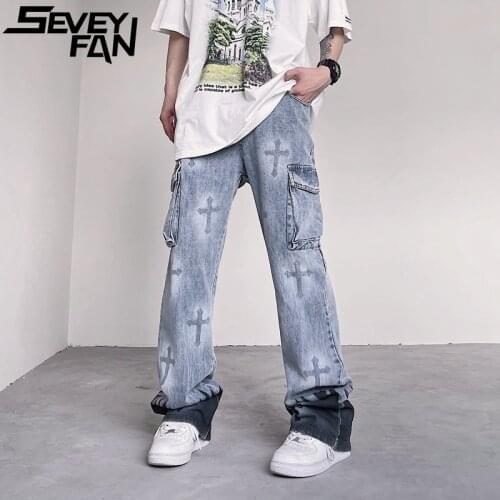 SEVEYFAN Vintage Cross Graffiti Jeans Mens Hip Hop Cargo Jeans Multi Pockets Loose Straight Denim Pants
