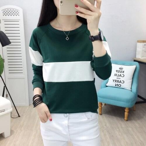 2018 Autumn O Neck Patchwork Khaki T Shirt Woman Long Sleeve Contrast Color Cotton Tshirts Female Tops Camiseta Mujer