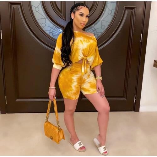 Women 2 Piece Tie Dye Casual Slim Fit Outfit Half Sleeve Slash Nack Knot Front T-Shirts + Shorts Sports Suit Tracksuits Sets