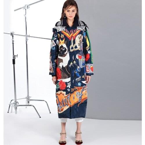 2018 winter jacket women down jackets plus size brand new printed cartoon cat cat hooded long jacket, down jacket