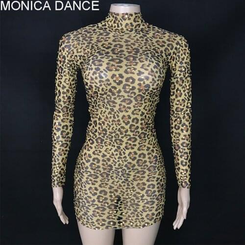 Women Sexy Sparkly Gold Rhinestones Leopard Mini Dress Birthday Wedding Celebrate Stretch Costome Singer Performance Dance Dress