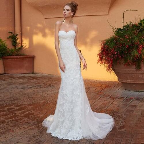 Sweetheart Mermaid Wedding Dress 2021 Lace Appliques Sleeveless Sweep Train Tulle Civil Long White Bridal Gowns Backless