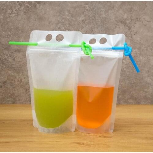 100Pcs/Set 500ml Drink Pouch with Straw Reclosable Toting Design with Drinking Straw Ice Smoothie Drink Pouches for Coffee