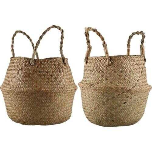 2 Pcs Seagrass Wickerwork Basket Rattan Foldable Hanging Flower Pot Planter Woven Dirty Laundry Hamper Storage Basket Home Decor
