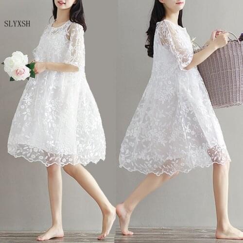 SLYXSH 2018 maternity clothing summer twinset lace maternity one-piece dress white embroidery maternity dress For Pregnant