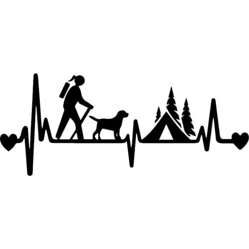 Car Motorcycle Decals Girl Hiker Camping with Dog Camper Tent Heartbeat Lifeline Decorative Accessories Creative PVC,18cm*8cm