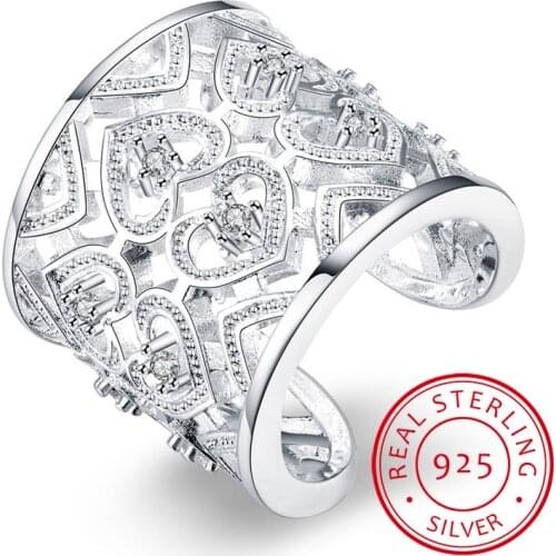 New Popular 925 Sterling Silver Jewelry Fine Big Wide Fresh Fashion Simple Heart-shaped Love Hollow Open Hole Rings