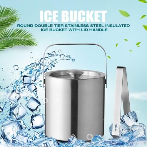 Stainless Steel Insulated Ice Bucket Ice Cube Container Round Double Tier With Tongs Lid Handle Kitchen Large Capacity Coolers