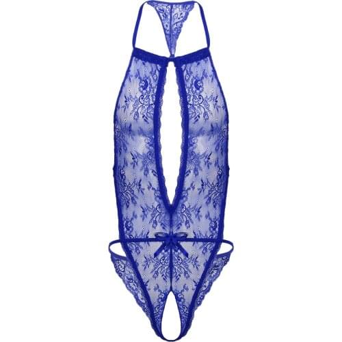 Floral Lace Exotic Bodysuit Sexy Sissy Mens Hollow Halter Neck Backless Babydoll Open Crotch Bodystocking Nightwear Sleepwear