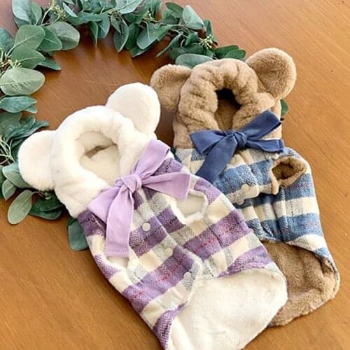 Cute Warm Pet Clothes Autumn Winter Thick Plush Hoodie Plaid Bowknot Dog Clothes For Small Medium Dogs Chihuahua Dog Clothing