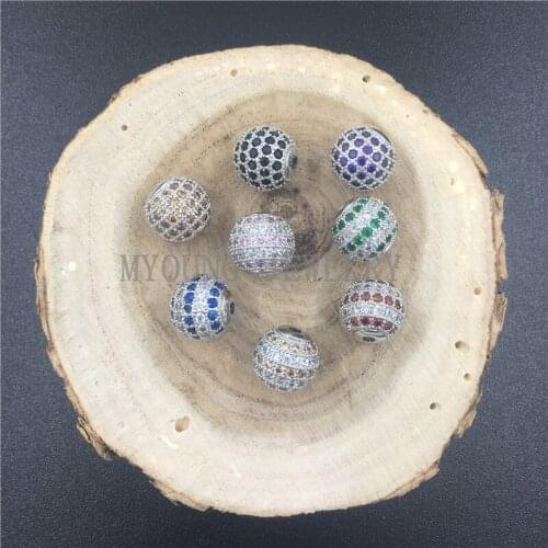 MY0679 Micro Pave Zircon Round Shape Beads,Silver Color Inlay Rhinestones Beads,8mm Brass Drilled Jewelry Making Loose Beads