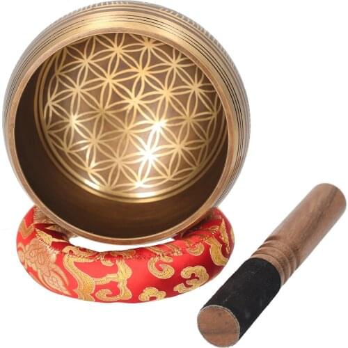 Ammoon Bell Metal Singing Bowl Set & Mallet Cushion Flower of Life Pattern Struck Bowl Tibetan Singing Bowl Buddhist Meditation