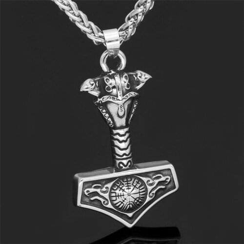 Stainless Steel Wolf Head Crow With Chain Necklace Thors Hammer Mjolnir Viking Necklace Nordic Vintage Jewelry Boyfriend Gifts