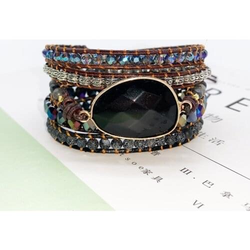 2021New Native Inspired Designer Leather Bracelet Black Onyx Mix 5 Strands Woven Wrap Bangles Bohemian Jewelry Dropship