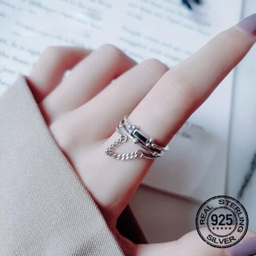 Opening Chain Multi-layer Black Rings S925 Silver Adjustable For Women Korean Fashion New Trendy Hot Sale Lady Jewelry INEFFA
