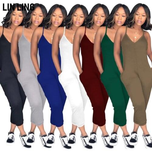 LINLING Sleeveless Sling Sexy Solid Color Clothing Pocket Decoration Street Fashion Loose One-piece Pants