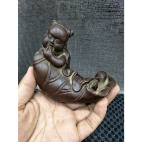 Rare Old Chinese Qing Dynasty purple sands Lotus baby statue,Carved dragon and phoenix,best collection&adornment,free shipping