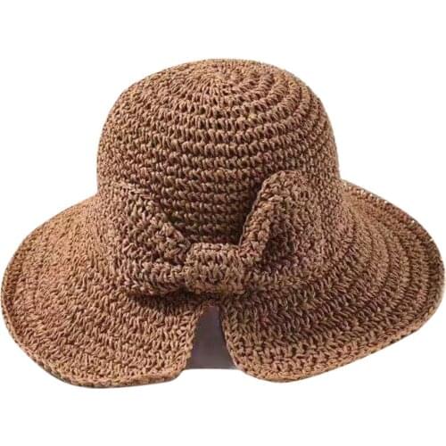 Knotted Women Straw Hat Summer Fashion Foldable Beach Solid Color Ladies Sun Hat Beach Outdoor Anti-ultraviolet Girl Bucket Hats