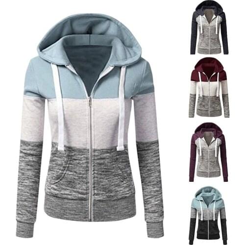 Women Patchwork Hoodie Sweatshirts Casual Zip-Up Drawstring Hooded Jacket Female Long Sleeve Pocket Sports Outwear Plus Size