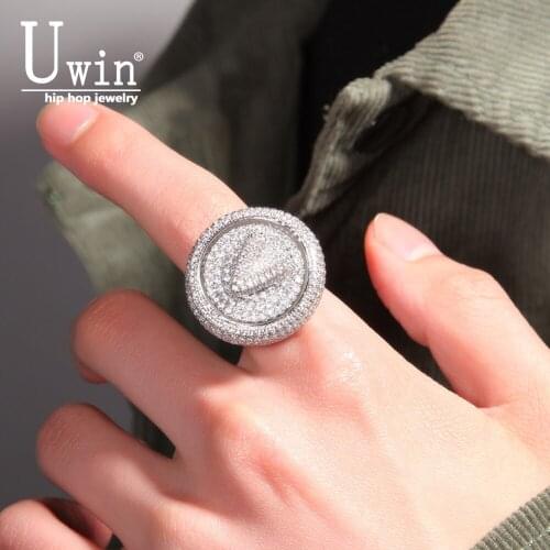 Uwin Custom Spinning Ring Initial Bubble Letter Whirling Letters Full Iced Out CZ Rotatable Party Rings Hiphop Jewelry For Gift