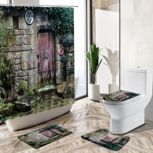 Vintage Antique Old Wooden Door Shower Curtain Country Farm Barn Stone Brick Wall Pedestal Rug Toilet Cover Bathroom Deco Set