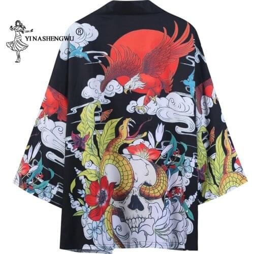Women Men Japanese Kimonos Bird Print Samurai Clothing Traditional Japan Summer Loose Blouse Yukata Haori Asian Cardigan Costume