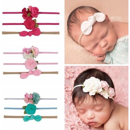 Yundfly 3pcs/pack Toddler Faux Flower Headband Set Thin Elastic Felt Flower Headband Knotted Nylon Hairband Baby Girls Headband